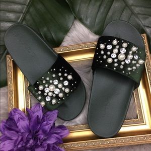 Bebe slides with pearl bling - moss green color
